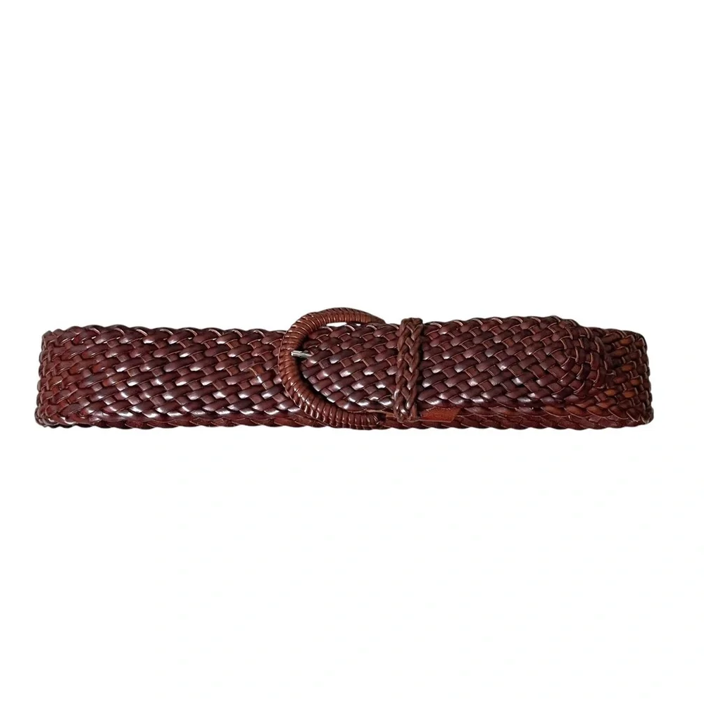 VERA PELLE Italy Brown Leather Woven Braided Wide Belt